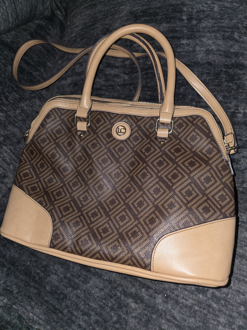 Liz Claiborne Brown Monogram Geometric Satchel Crossbody Shoulder Bag Purse